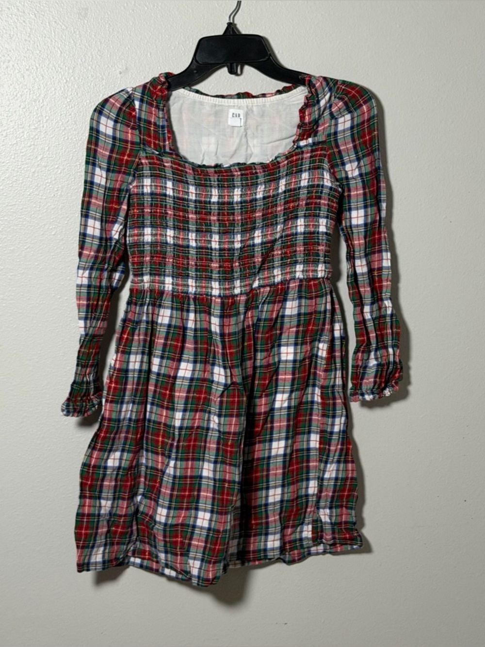 Gap Kids Girls Plaid Smocked Holiday Dress Red/White Long Sleeve size L